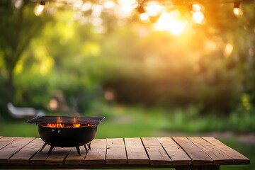 Grill with Flames on Rustic Wood Table Against Blurred Natural Background