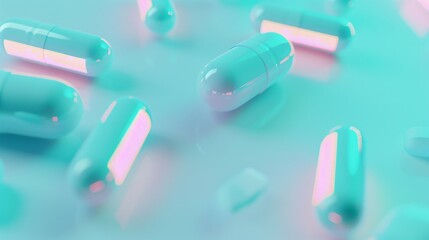 Glowing probiotic capsules with abstract bacteria shapes, symbolizing gut health and microbiome balance, digestive wellness and healthy lifestyle concept.