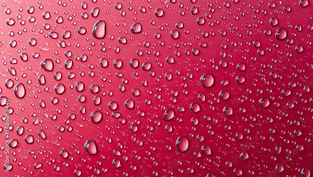 Aufkleber water droplets cluster on a vibrant red surface creating a striking visual pattern in natural light