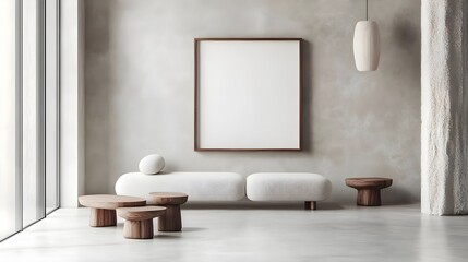 Minimalist Living Room Featuring an Empty Frame and Simple Furniture