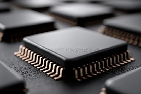 Microchip on motherboard in sharp angle showing digital hardware complexity with integrated circuits in modern black high detail technology composition