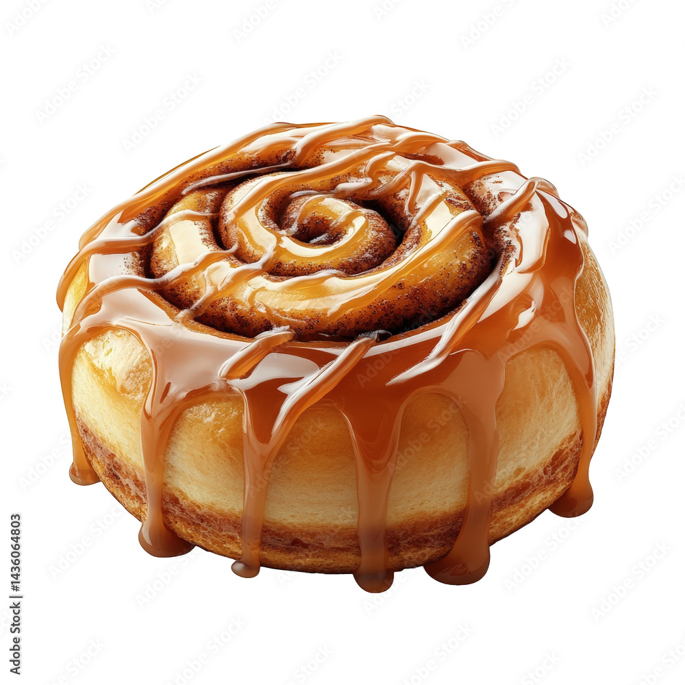 Poster delicious-looking cinnamon roll topped with a rich caramel glaze. showcasing its spiral shape and so