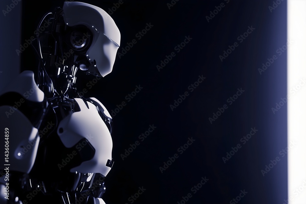 Poster profile of a futuristic humanoid robot looking towards a bright light in a dark room. concept of art