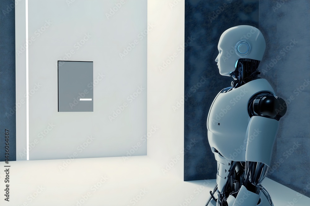 Poster a humanoid robot contemplates a piece of abstract art in a minimalist gallery, symbolizing the futur