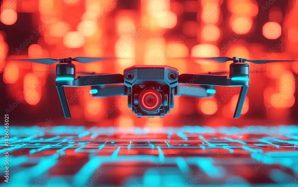 Poster futuristic drone with camera hovering above glowing keyboard, showcasing advanced technology and vib