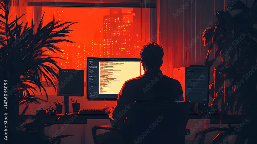 Aufkleber silhouetted figure engrossed in coding in a dimly lit room.