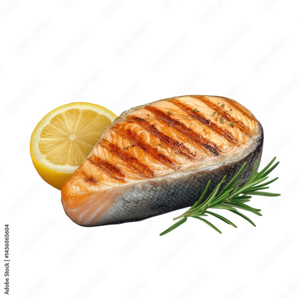 Poster grilled salmon steak accompanied by a lemon slice and a sprig of rosemary. highlighting a fresh and 