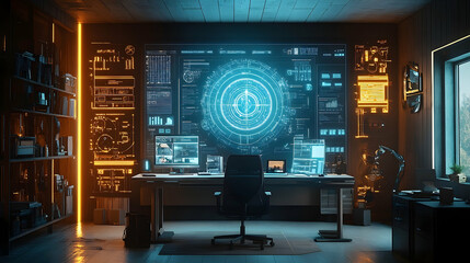 Obraz premium Futuristic workspace with interactive displays and technological design.