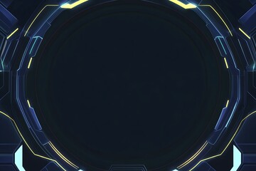 Futuristic cockpit interface with a view from a spaceship window. Abstract sci-fi technology background with a glowing blue and gold digital frame