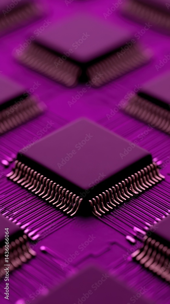Poster abstract render of purple microchips on reflective surface in modern symmetry showing futuristic sem