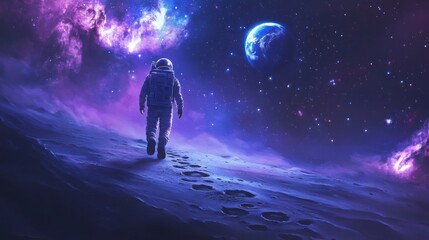 Obraz premium Detailed astronaut standing proud on the Moon, footprints fading behind, a dazzling galactic sky and Earth shining brightly in deep space