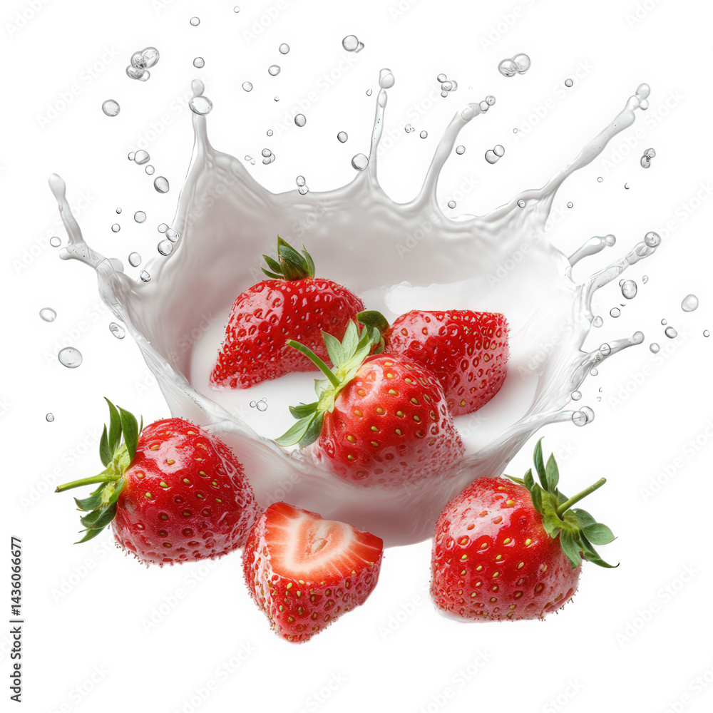 Aufkleber fresh strawberries splashing into a pool of milk. creating an appealing visual of fruit and dairy th