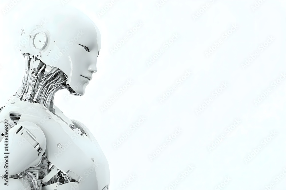 Aufkleber detailed 3d rendering of an advanced humanoid android in profile, its head bowed in thought on a whi
