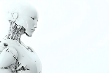 Detailed 3D rendering of an advanced humanoid android in profile, its head bowed in thought on a white background. A concept for AI and future technology