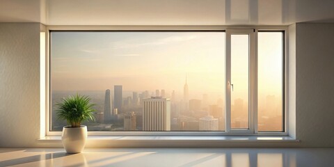 Naklejka premium Serene sunrise cityscape view from a modern apartment windowsill, featuring a potted plant adding a touch of nature to the minimalist interior design