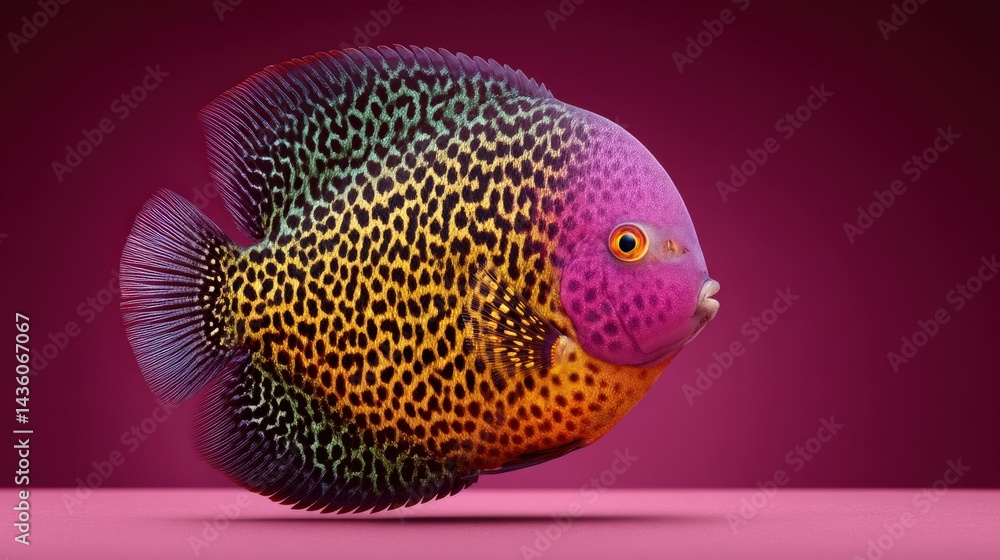 Poster round shaped colorful fish in front view with vibrant skin texture and black backdrop showing aquati