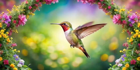 Naklejka premium Hummingbird Perched on a Vibrant Floral Wreath in Mid-Air, Capturing the Delicate Dance of Nature, colorful