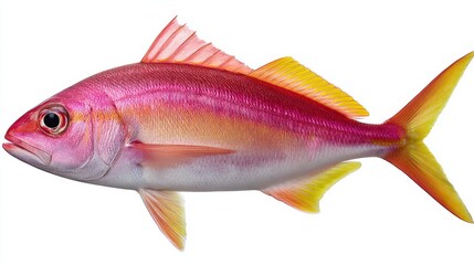 Fototapeta premium Red pink tropical fish in profile view against soft yellow light background showing vibrant marine design and underwater fantasy rendering with exotic aquatic concept