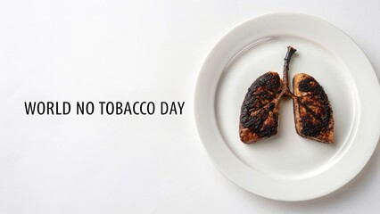 Charred lungs made from grilled food arranged on a plate, text "World No Tobacco Day" beside, symbolizing health destruction from smoking. Strong visual health awareness concept