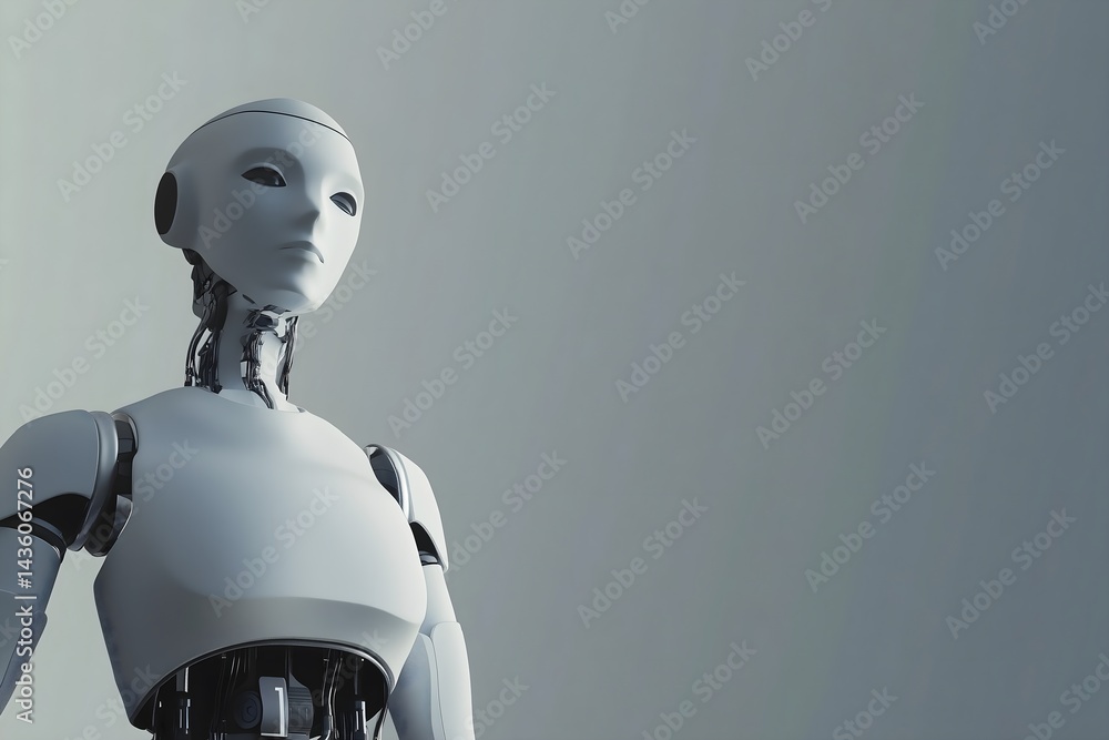 Poster elegant portrait of a sophisticated female humanoid robot gazing into the future, a powerful concept