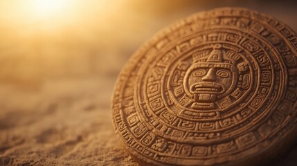 An intricately designed ancient stone artifact, illuminated by sunlight, resting on a sandy surface, showcasing cultural significance.