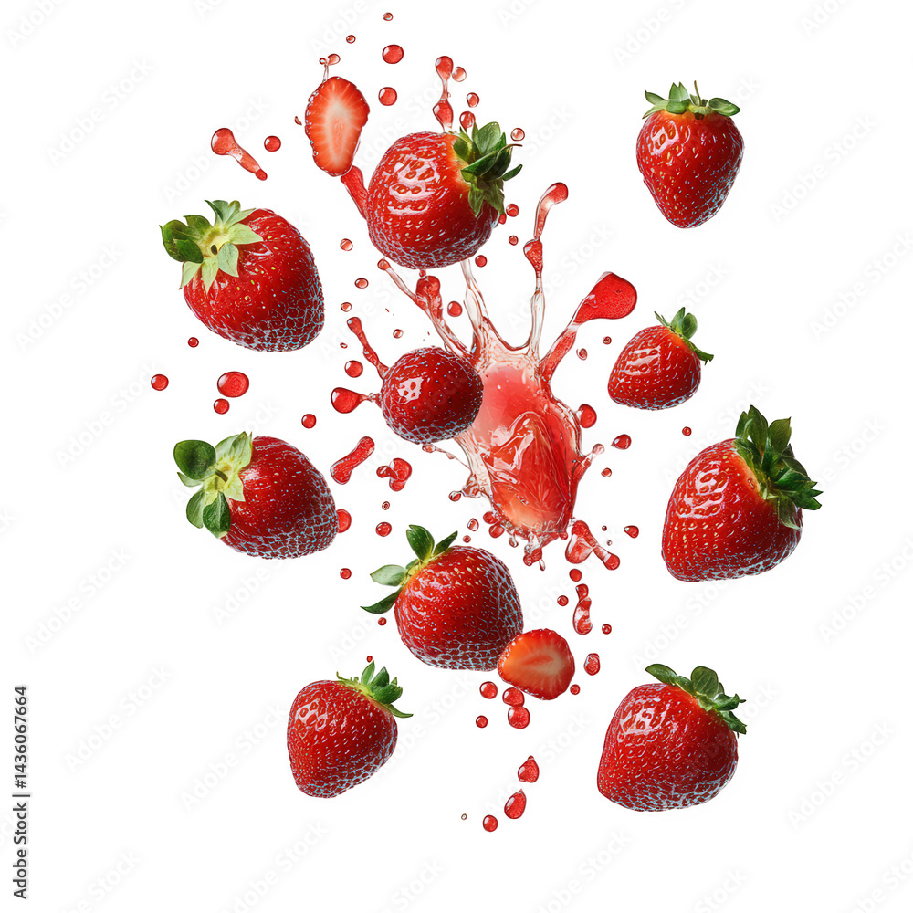 Poster dynamic arrangement of fresh strawberries. some whole and others sliced. with droplets of juice spla