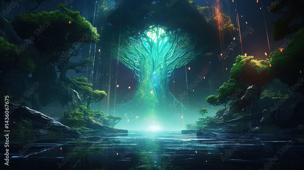 Poster neon-lit tree in a mystical jungle with glowing light and vibrant reflections