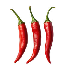 three vibrant red chili peppers arranged neatly against a clean white background. highlighting their glossy texture and elongated shape this composition emphasizes the freshness and appeal of the pepp