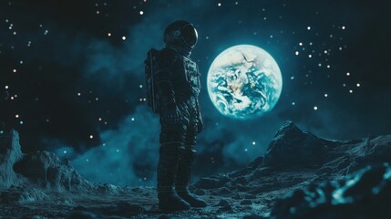 Obraz premium Epic lunar adventure scene, astronaut on the Moon surface with luminous Earth behind, textured suit, cosmic galaxies, and dreamy sci-fi lighting