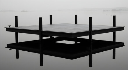 Naklejka premium Monochrome Serenity A Dock In Still Waters On An Overcast Day