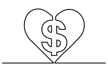 Dollar icon continuous one line drawing with outline vector illustration