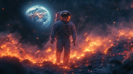 Obraz premium Epic lunar adventure scene, astronaut on the Moon surface with luminous Earth behind, textured suit, cosmic galaxies, and dreamy sci-fi lighting