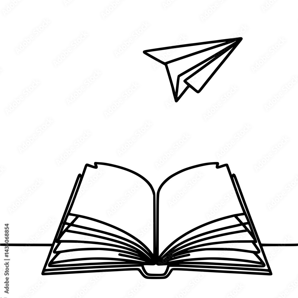 Poster minimalist outline vector of an open book with a paper airplane