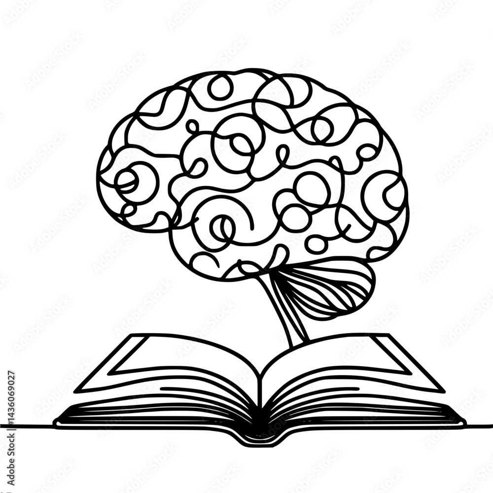 Poster brain growth emerging from an open book in line art style