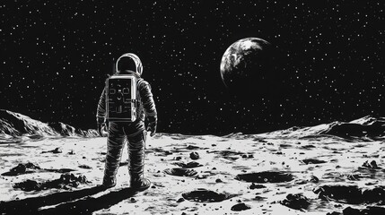 Obraz premium High-contrast image of an astronaut standing in a stark lunar landscape, Earth rising in the distance, stars scattered in a deep cosmic sky