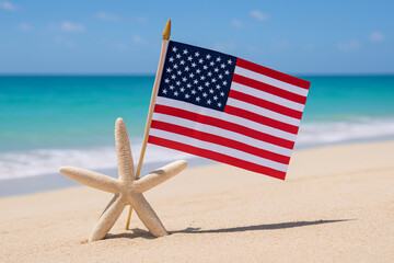 American Dream by the Sea: A vibrant United States flag stands proudly beside a starfish, nestled in the soft embrace of golden sand, with the vast ocean stretching out under a bright sunny sky. 