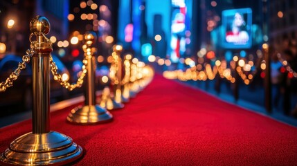 Red carpet rolling out in front of glamorous movie premiere background