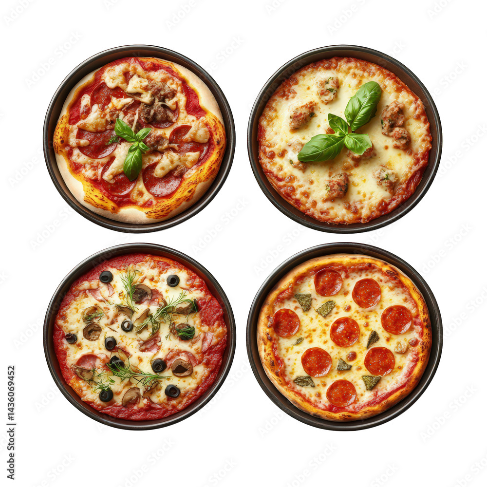 Poster four different types of pizzas arranged in black round trays each pizza features distinct toppings. 