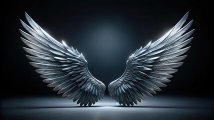 Fototapeta premium Majestic Silver Wings Spread Wide on Dark Background, Symbolizing Freedom, Power, and the Divine