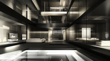 Modern glass & concrete home interior; multi-level design, indoor pool, minimalist furniture
