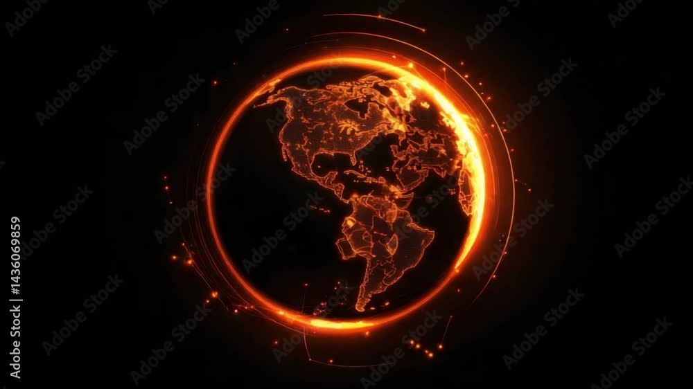 Poster futuristic digital globe with orange lines and dots representing global communication and technology