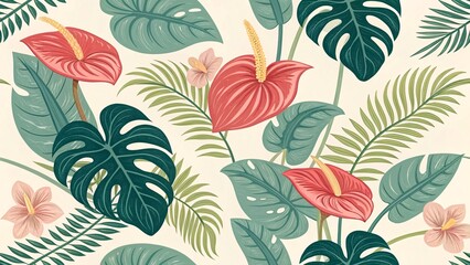 Tropical Floral Seamless Pattern Anthurium & Lush Leaves