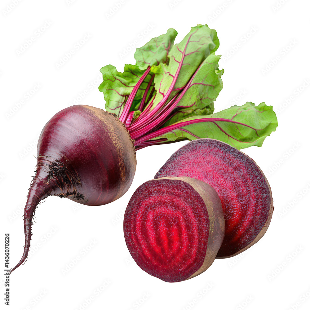 Poster whole beetroot with its leafy greens and two cross-sections showcasing the vibrant red interior. hig