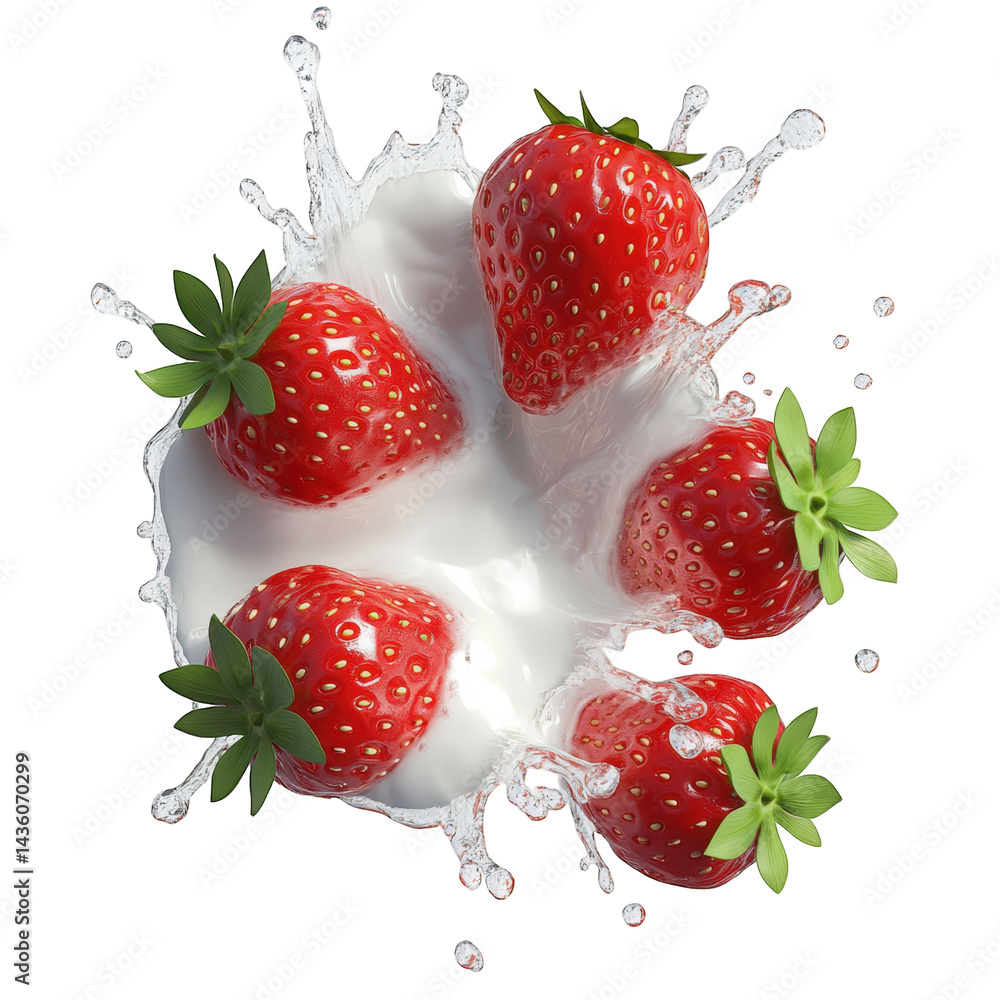 Poster fresh strawberries splashing into a pool of milk. creating an appealing visual effect with droplets 