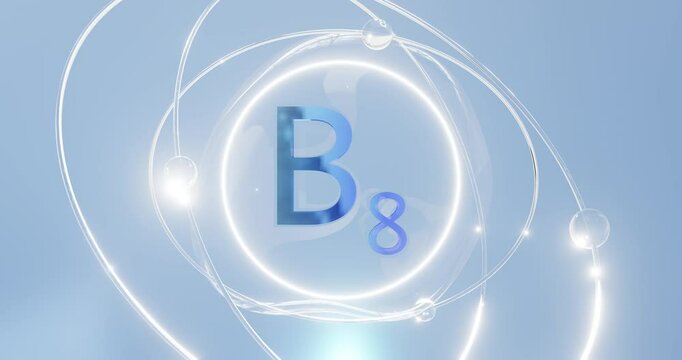 vitamin b8 symbol in a sphere with orbits and atoms spinning around, Inositol looped 3d rendering on a blue background