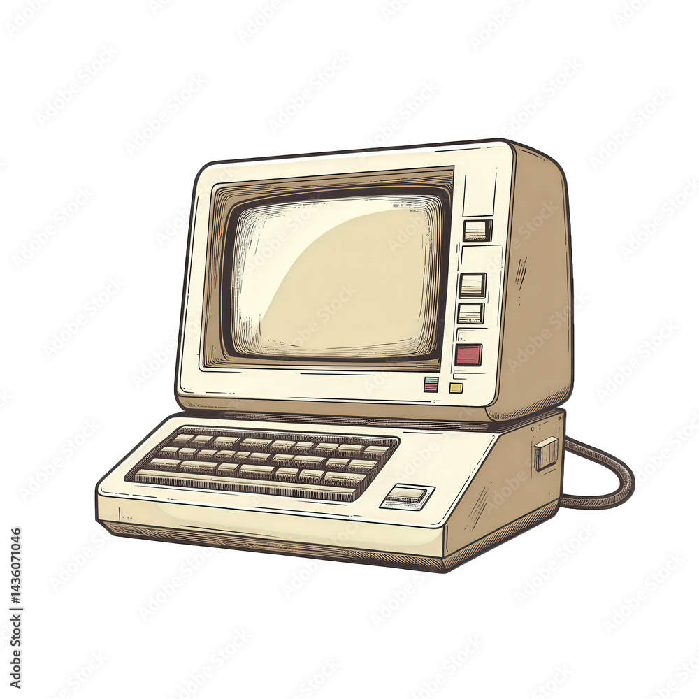 Poster a vintage computer with a boxy design. featuring a monitor. keyboard. and several buttons. reminisce