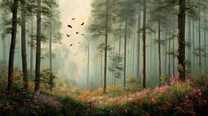 Misty woodland path, filled with vibrant flowers and soaring birds.