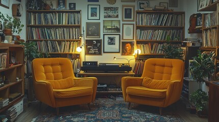 Cozy Reading Room with Vinyl Records and Vintage Armchairs