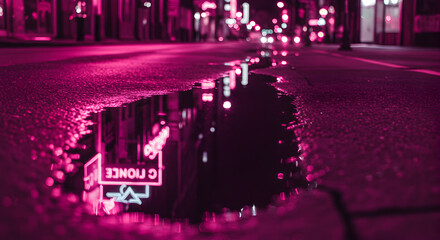 Vibrant Night Cityscape Reflected in Puddle With Magenta Illuminated Environment