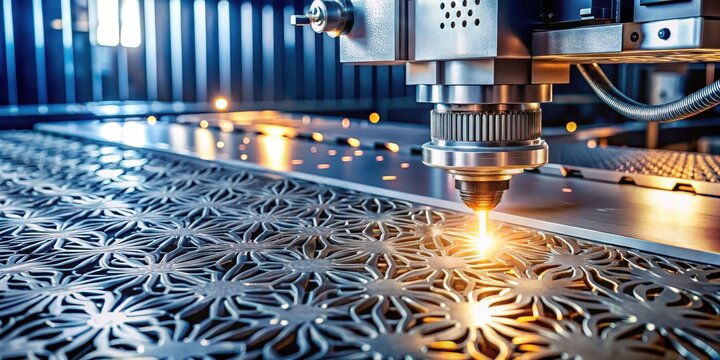 Intricate laser engraved patterns on a metal surface with a futuristic machine in the background